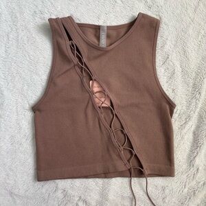 tan lace up ribbed crop tank top